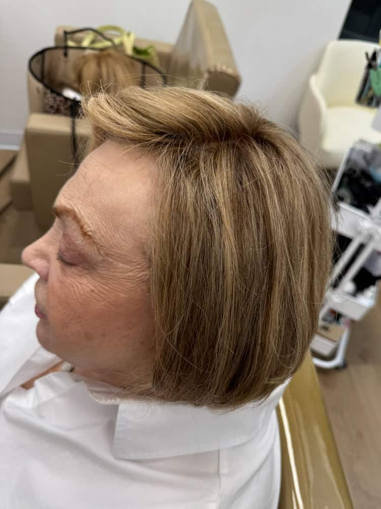 Before and after fine hair enhancement with hair topper at Delray Beach salon